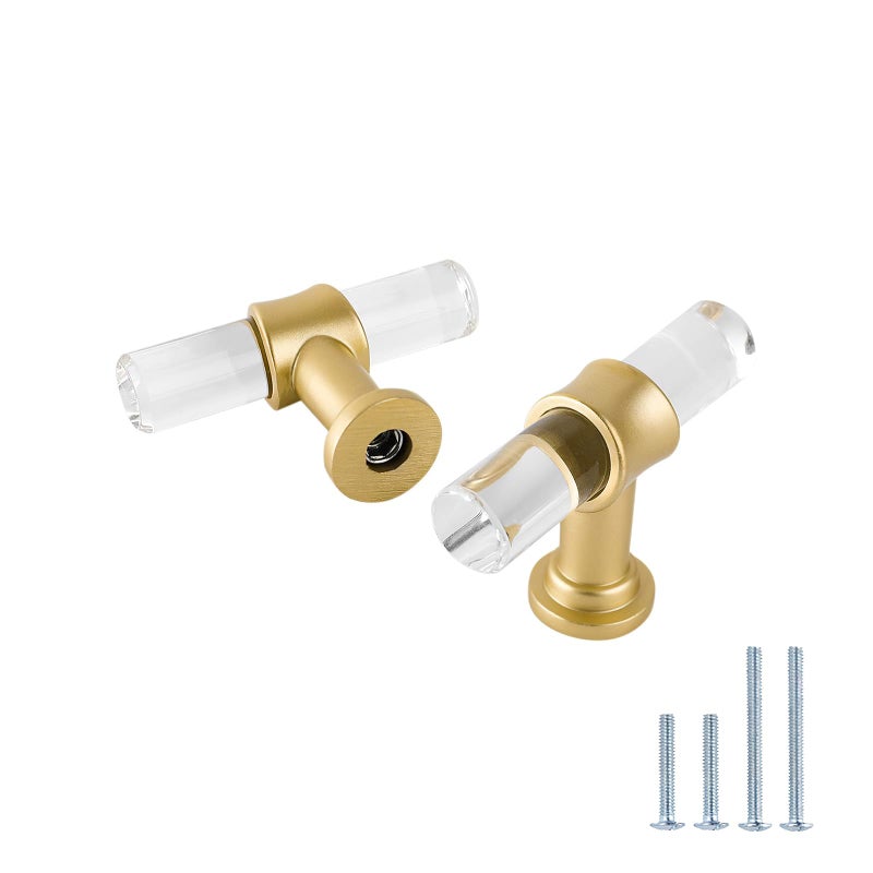 LONTAN 12 Pack Acrylic Kitchen Cabinet Knobs Gold Drawer Knobs Modern T Bar Clear Cabinet Door Handles White Kitchen Hardware for Dresser Bathroom,Zinc Alloy Base - Image 1